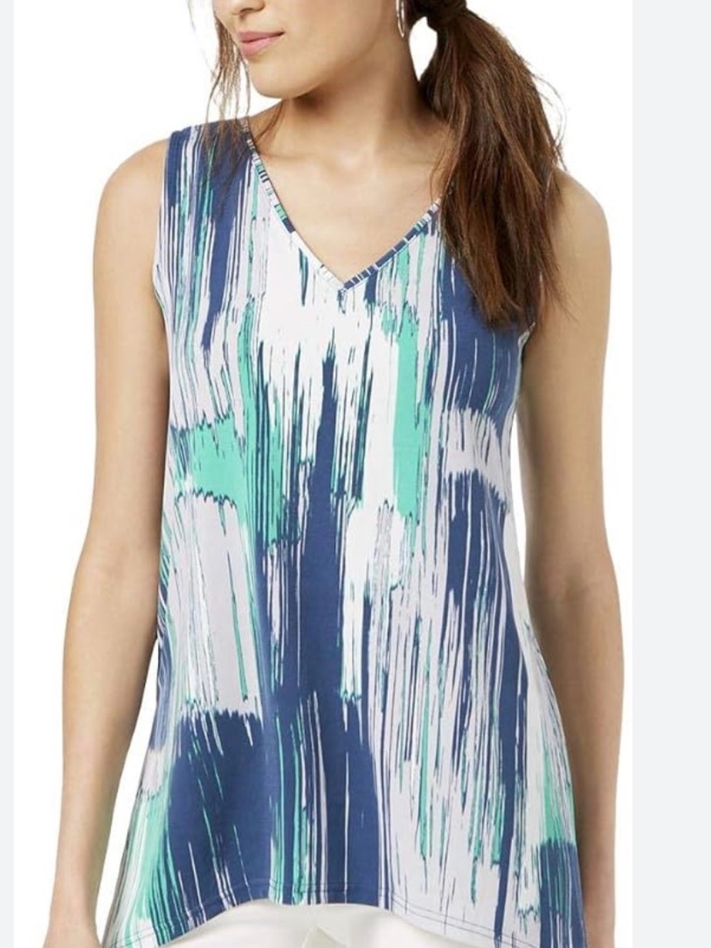 Alfani SZ L Sleeveless V-Neck Brushstroke Print Top in Navy & Mint